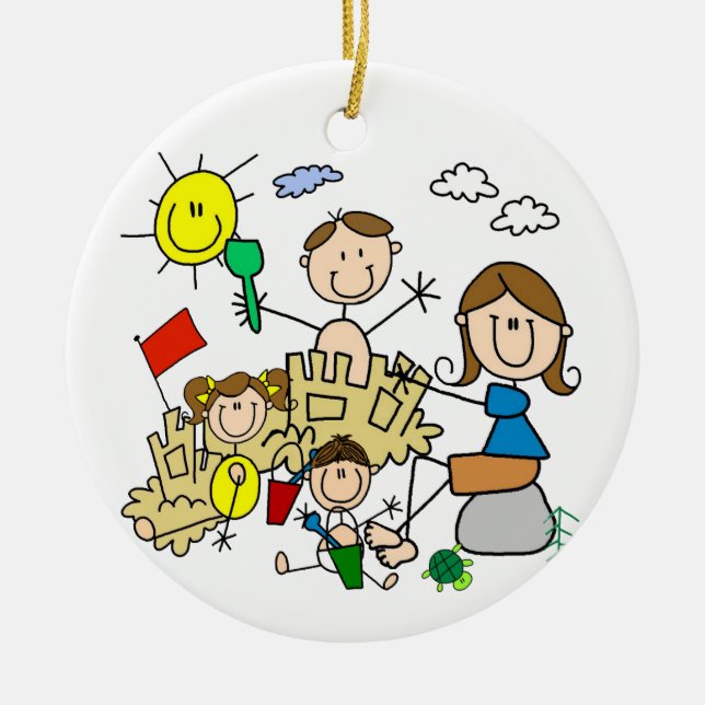 Stick Figures Family Beach Fun Ceramic Ornament (Front)
