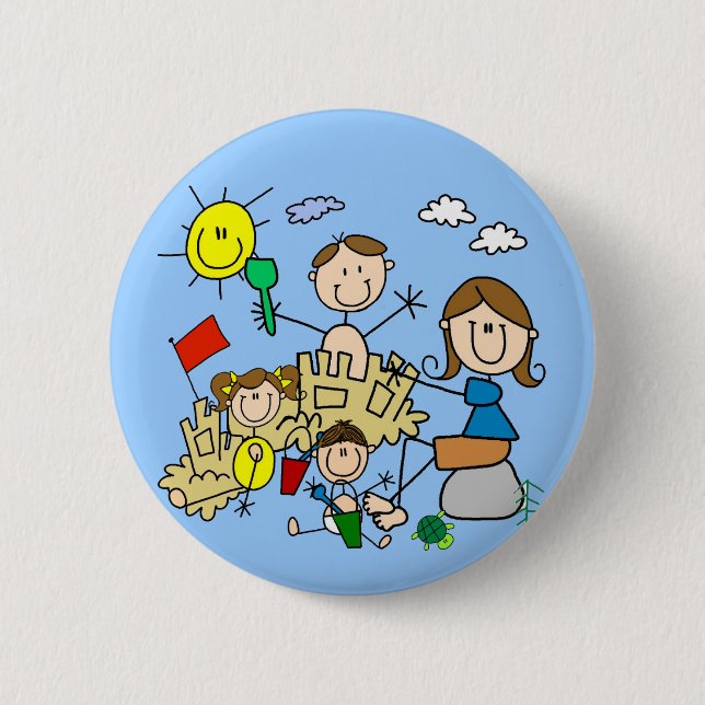 Stick Figures Family Beach Fun Pinback Button (Front)