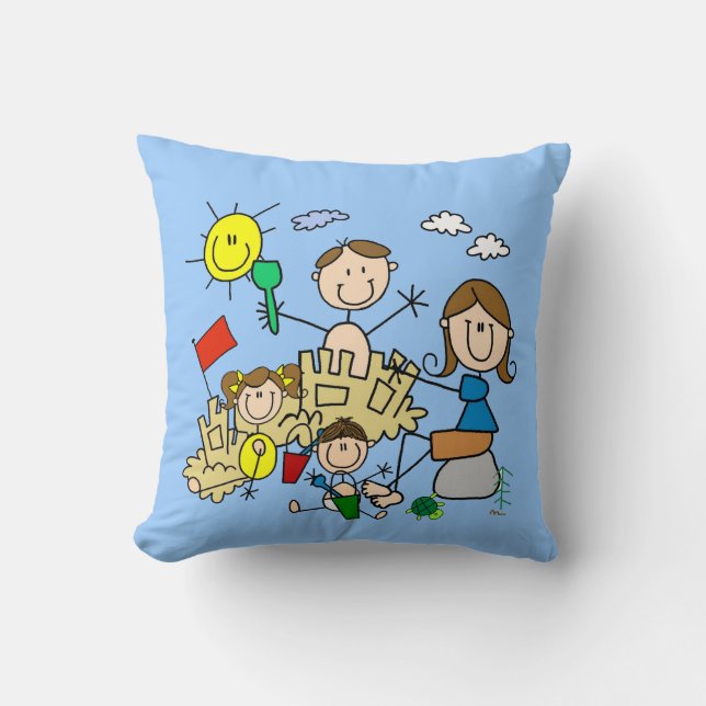 Stick Figures Family Beach Fun Throw Pillow (Front)