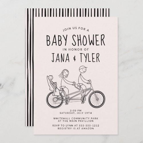 Stick figures on tandem bike with baby seat  invitation