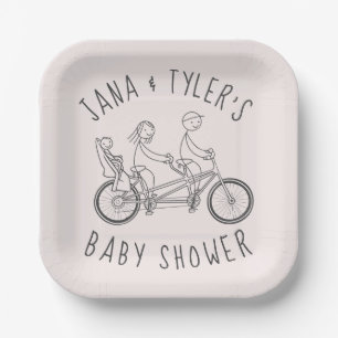 Stick figures on tandem bike with baby seat  paper plates