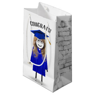 Stick Girl Graduate with Blue Cap and Diploma Small Gift Bag
