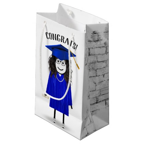 Stick Girl Graduate with Blue Cap and Diploma Small Gift Bag