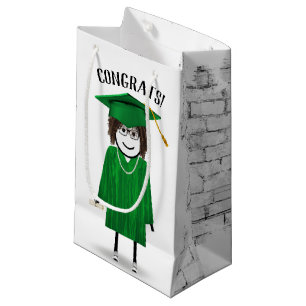 Stick Girl Graduate with Green Cap and Diploma Small Gift Bag