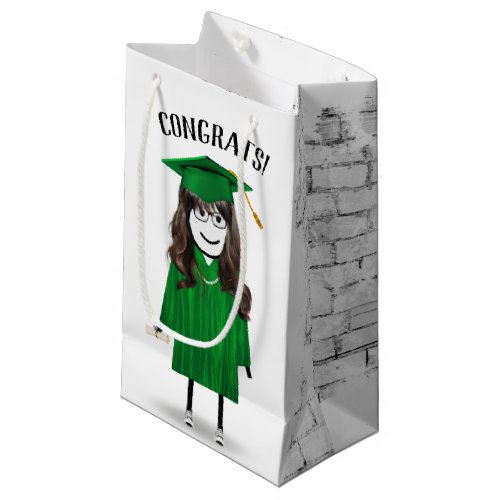 Stick Girl Graduate with Green Cap and Gown Small Gift Bag