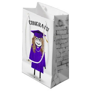 Stick Girl Graduate with Purple Cap and Diploma   Small Gift Bag