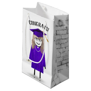 Stick Girl Graduate with Purple Cap and Diploma   Small Gift Bag