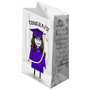Stick Girl Graduate with Purple Cap and Diploma Small Gift Bag