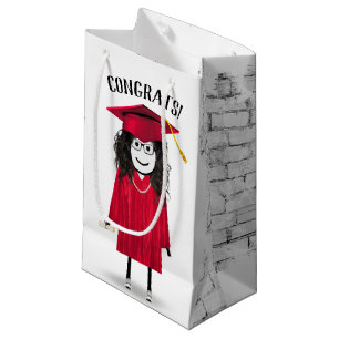 Stick Girl Graduate with Red Cap and Diploma Small Gift Bag