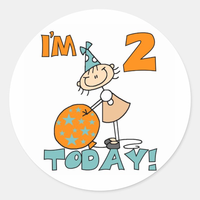 Stick Girl I'm 2 Today Tshirts and Gifts Classic Round Sticker (Front)