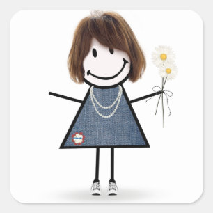 Stick Girl in Blue Jean Dress Square Sticker