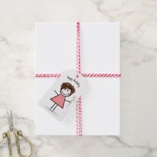 Stick Girl in Gingham Dress Gift Tags