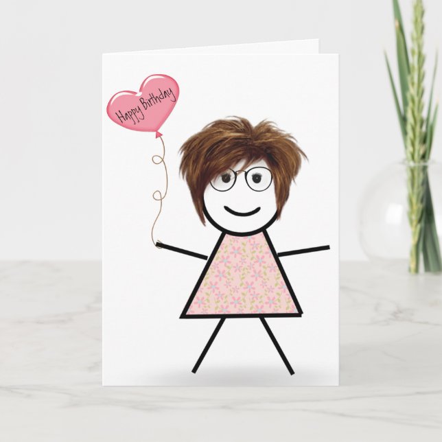 Stick Girl with Birthday Heart Balloon  Card (Front)