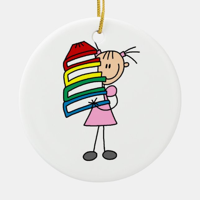 Stick Girl With Books Ceramic Ornament (Front)