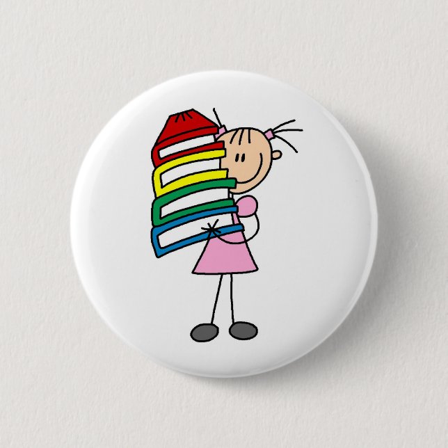 Stick Girl with Books Pinback Button (Front)