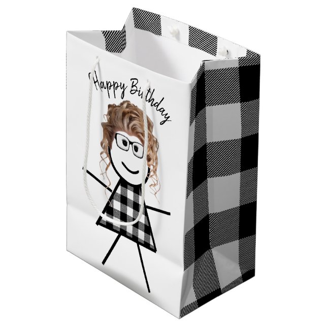 Stick Girl with Hair and Buffalo Plaid Pattern  Medium Gift Bag (Front Angled)