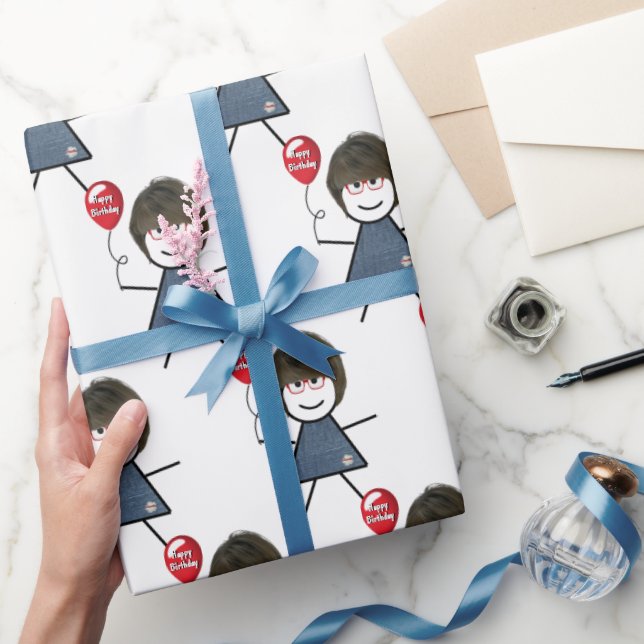 Stick Girl With Red Birthday Balloon  Wrapping Paper (Gifting)