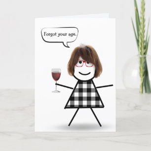 Stick Girl with Red Wine Belated Birthday Card
