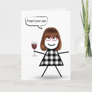 Stick Girl with Red Wine Belated Birthday Card