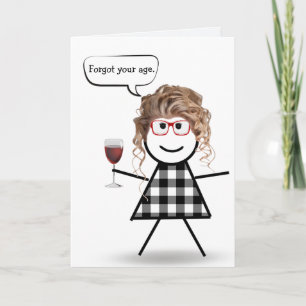 Stick Girl with Red Wine Belated Birthday Card