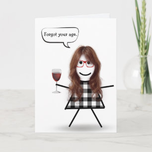 Stick Girl with Red Wine Belated Birthday Card