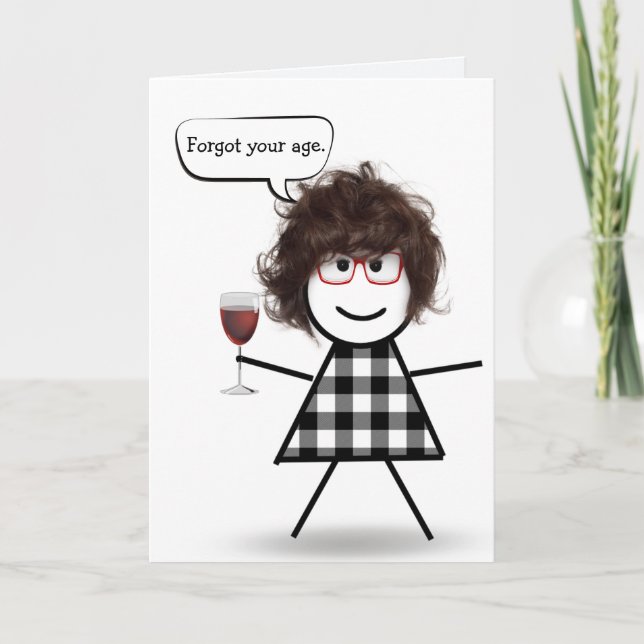 Stick Girl with Red Wine Belated Birthday Card (Front)