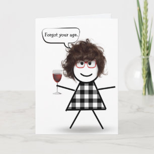 Stick Girl with Red Wine Belated Birthday Card