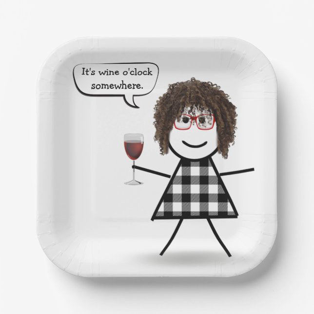 Stick Girl with Red Wine Party Humor  Paper Plates (Front)