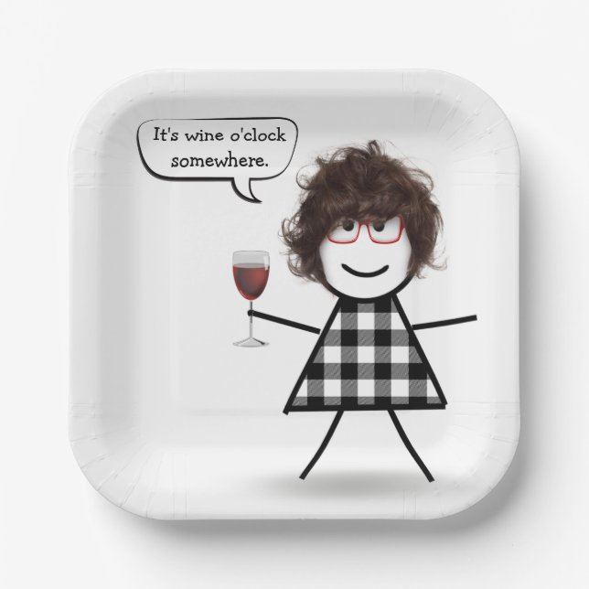 Stick Girl with Red Wine Party Humor  Paper Plates (Front)