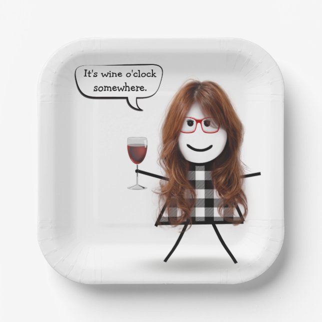 Stick Girl with Red Wine Party Humor   Paper Plates (Front)