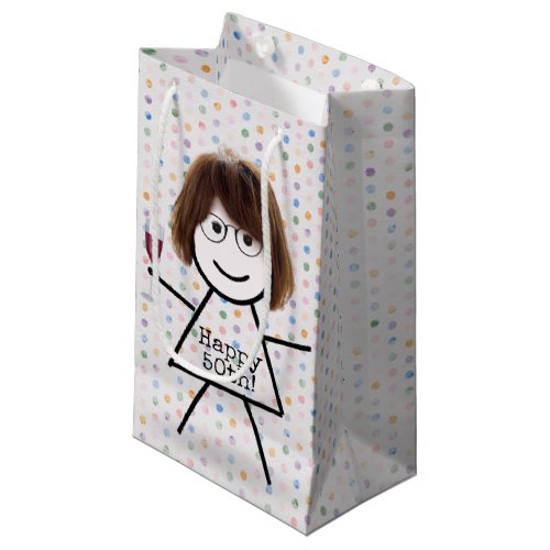 Stick Girl with Wine for 50th Birthday   Small Gift Bag