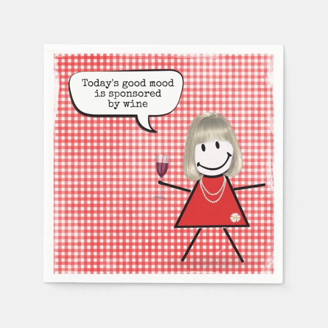 Stick Girl With Wine Glass On Gingham Napkins (Front)