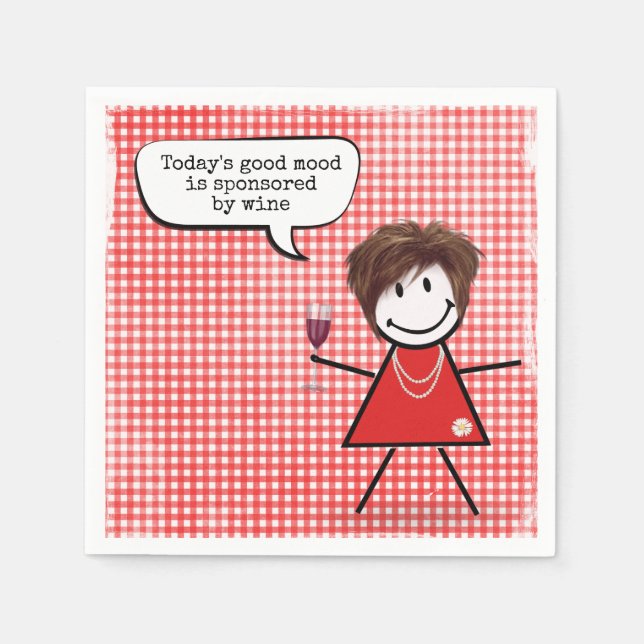 Stick Girl With Wine Glass On Gingham Napkins (Front)