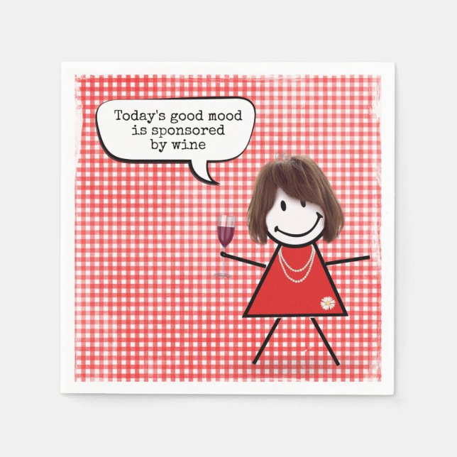 Stick Girl With Wine Glass On Gingham  Napkins (Front)