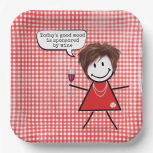 Stick Girl With Wine Glass On Gingham  Paper Plates