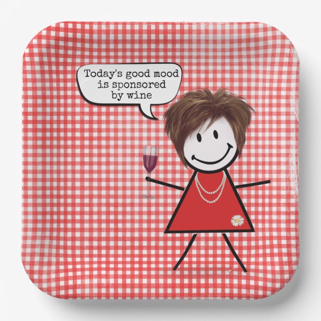 Stick Girl With Wine Glass On Gingham  Paper Plates (Front)