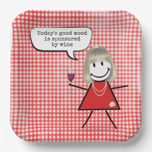 Stick Girl With Wine Glass On Gingham Paper Plates