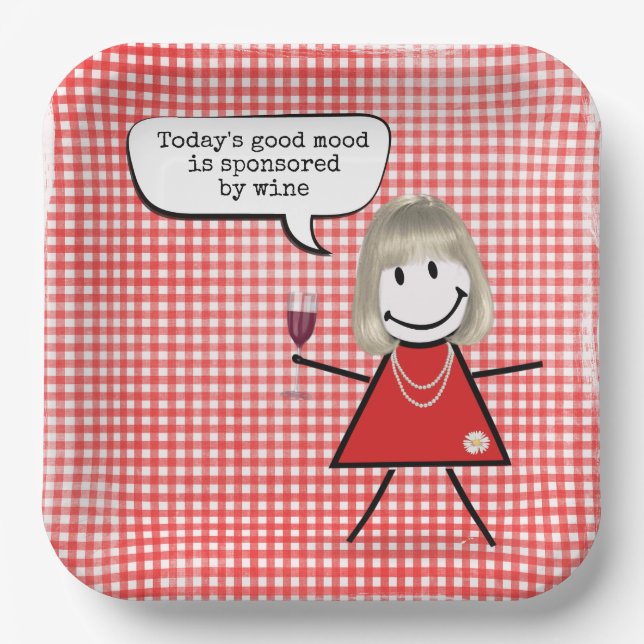 Stick Girl With Wine Glass On Gingham Paper Plates (Front)
