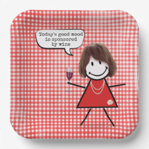 Stick Girl With Wine Glass On Gingham Paper Plates