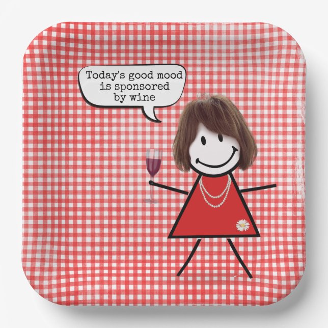 Stick Girl With Wine Glass On Gingham Paper Plates (Front)