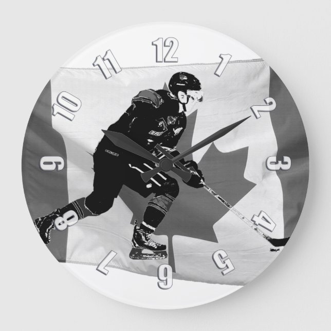 Stick Handling Ice Hockey Player and Canadian Flag Large Clock (Front)