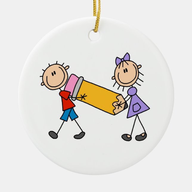 Stick Kids With Pencil Ceramic Ornament (Front)