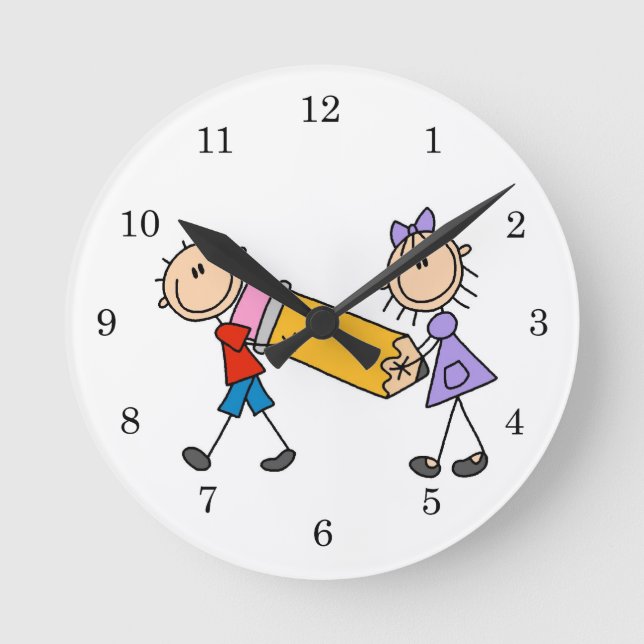 Stick Kids With Pencil Round Clock (Front)