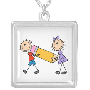 Stick Kids With Pencil Silver Plated Necklace