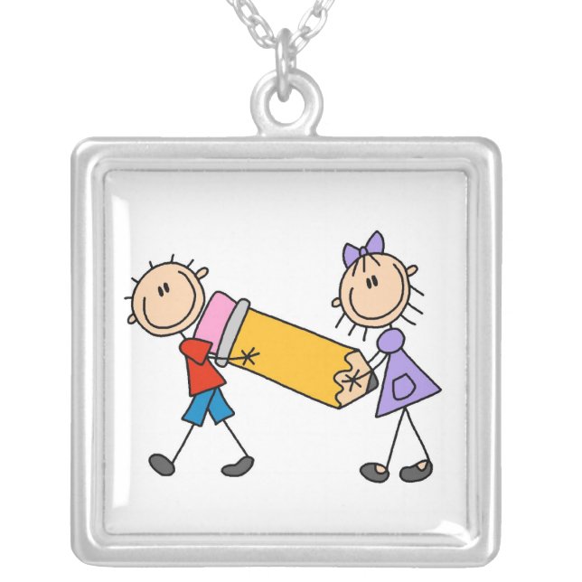 Stick Kids With Pencil Silver Plated Necklace (Front)