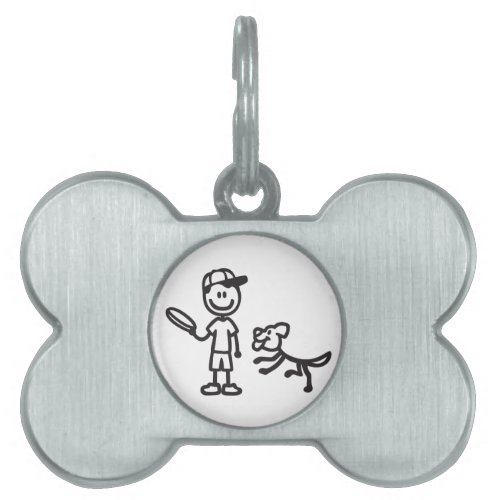 Stick Man and Dog playing Frisbee Pet Name Tag