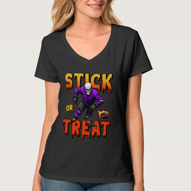 Stick or Treat Halloween Hockey Skeleton Player Sp T-Shirt (Front)
