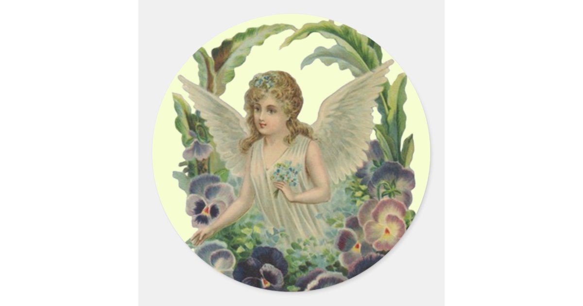 Sticker antique Angel w/ Forget-me-not Bouquet | Zazzle