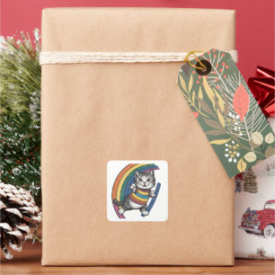 Sticker. cat rainbow square sticker