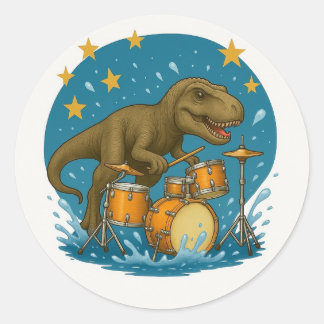 Sticker: Dinosaur Playing Drums with Stars Classic Round Sticker